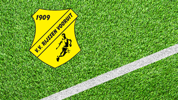 Logo voetbalclub Rijssen - VV Rijssen Vooruit - Voetbalvereniging Rijssen Vooruit - in kleur op grasveld met witte lijn - 600 * 337 pixels